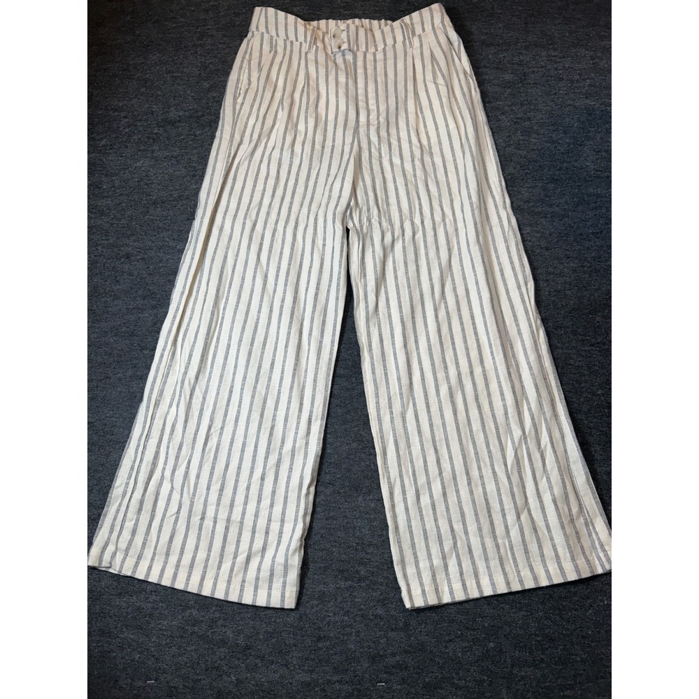 Love Tree Wide Leg Pants Women Large Cream Blue Striped Linen Blend